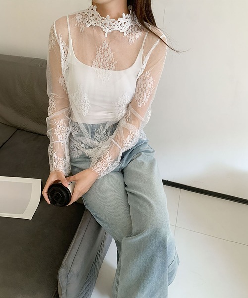 LOWO(ロワ)の「シースルートップス 長袖 ハイネック チュール レース メロウ メロー 花柄 シアートップス レイヤードトップス 結婚式 パーティー オケージョン お呼ばれ(Tシャツ/カットソー・レディース・ホワイト/ブラック・FREE)」の19枚目の写真