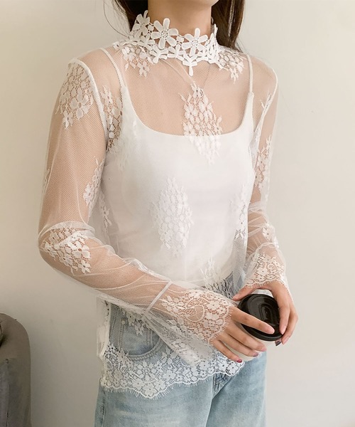 LOWO(ロワ)の「シースルートップス 長袖 ハイネック チュール レース メロウ メロー 花柄 シアートップス レイヤードトップス 結婚式 パーティー オケージョン お呼ばれ(Tシャツ/カットソー・レディース・ホワイト/ブラック・FREE)」の20枚目の写真