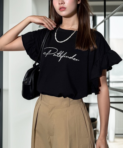 Candlestick(キャンドルスティック)の「接触冷感 綿100% 袖フリル ロゴ 半袖 Tシャツ フリルスリーブ 二の腕カバー 涼しい ひんやり クルーネック コットン100% カジュアル フェミニン(Tシャツ/カットソー・レディース・ホワイト系/ホワイト系1/ホワイト系2/ブラック系/ブラック系1/ブラック系2/ブラック系3/ブラック系4/ブラック系5/ピンク系/ホワイト系3/ブラック系その他/ブラック系その他2/ブラック系その他5/ホワイト系その他/ブラック系その他3/ブラック系その他4・M/L)」の7枚目の写真