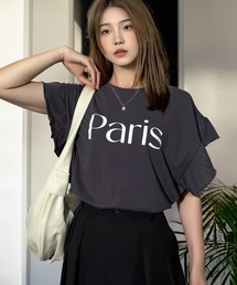 接触冷感 綿100% 袖フリル ロゴ 半袖 Tシャツ フリルスリーブ 二の腕カバー 涼しい ひんやり クルーネック コットン100% カジュアル フェミニン