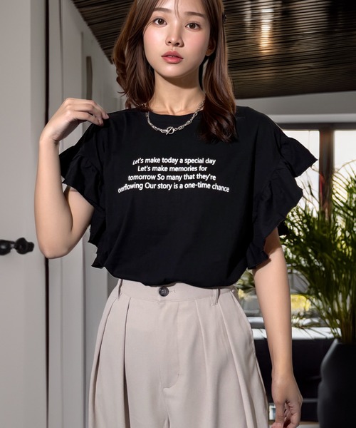 Candlestick(キャンドルスティック)の「接触冷感 綿100% 袖フリル ロゴ 半袖 Tシャツ フリルスリーブ 二の腕カバー 涼しい ひんやり クルーネック コットン100% カジュアル フェミニン(Tシャツ/カットソー・レディース・ホワイト系/ホワイト系1/ホワイト系2/ブラック系/ブラック系1/ブラック系2/ブラック系3/ブラック系4/ブラック系5/ピンク系/ホワイト系3/ブラック系その他/ブラック系その他2/ブラック系その他5/ホワイト系その他/ブラック系その他3/ブラック系その他4・M/L)」の8枚目の写真