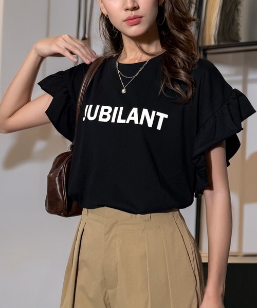 Candlestick(キャンドルスティック)の「接触冷感 綿100% 袖フリル ロゴ 半袖 Tシャツ フリルスリーブ 二の腕カバー 涼しい ひんやり クルーネック コットン100% カジュアル フェミニン(Tシャツ/カットソー・レディース・ホワイト系/ホワイト系1/ホワイト系2/ブラック系/ブラック系1/ブラック系2/ブラック系3/ブラック系4/ブラック系5/ピンク系/ホワイト系3/ブラック系その他/ブラック系その他2/ブラック系その他5/ホワイト系その他/ブラック系その他3/ブラック系その他4・M/L)」の10枚目の写真