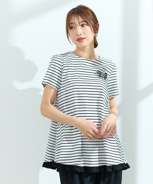Rose Tiara(ローズティアラ)の「【接触冷感/UVカット/コットン100%/手洗い可】ボーダーカットソー(Tシャツ/カットソー・レディース・ブラック/オフホワイト・42/38/46)」の1枚目の写真