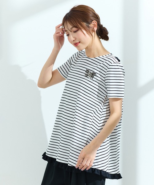 Rose Tiara(ローズティアラ)の「【接触冷感/UVカット/コットン100%/手洗い可】ボーダーカットソー(Tシャツ/カットソー・レディース・ブラック/オフホワイト・42/38/46)」の18枚目の写真