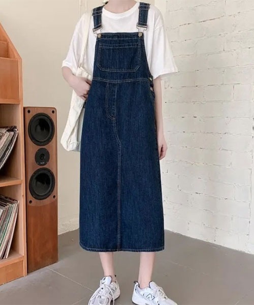 urge:(アージコロン )の「【URGE:】デニム ロング丈 オーバーオール ワンピース(ワンピース・レディース・ネイビー・LARGE/MEDIUM)」の1枚目の写真