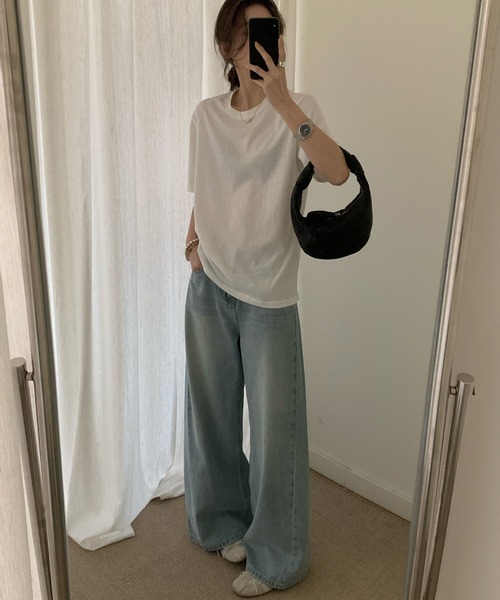 Lace Ladies(レースレディース)の「クルーネック ドロップショルダー ベーシック 半袖 Tシャツ(Tシャツ/カットソー・レディース・パープル/ホワイト/ブラック/グレー/ブルー・FREE)」の8枚目の写真