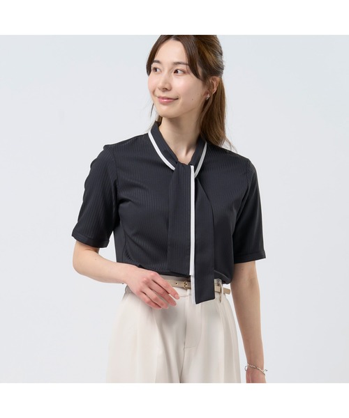 ブラウス シャツ BackSatinAmunzen 5分袖配色ボウタイブラウス レディース BackSatinAmunzen 5分袖配色ボウタイブラウス（シャツ/ブラウス