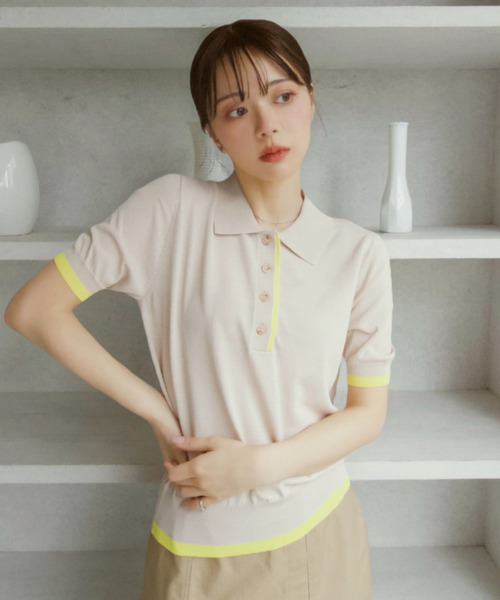 Eclat one(エクラワン)の「【Eclat one】レトロ 配色 ニット ポロシャツ(ポロシャツ・レディース・ブラウン/ネイビー/ベージュ・FREE)」の7枚目の写真