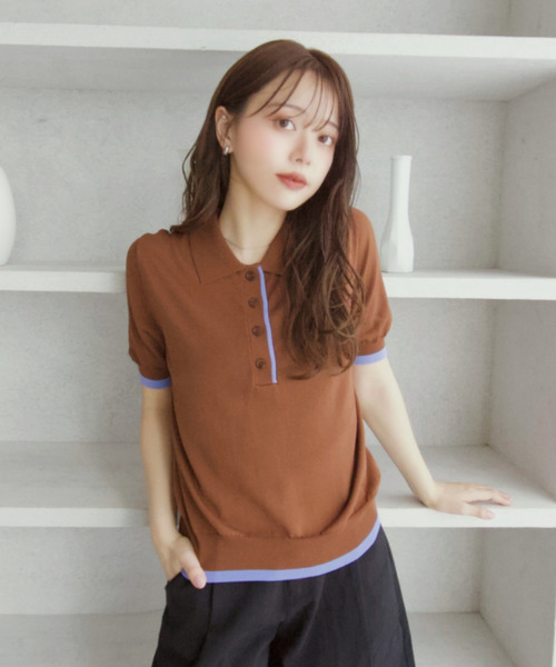 Chieclat　　シルキー セール】【Eclat one】レトロ 配色 ニット ポロシャツ