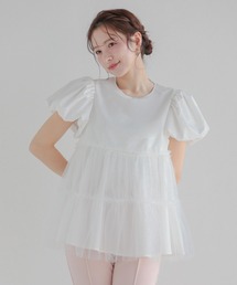 チュールレイヤードパフスリーブトップス