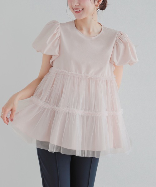 Fit more（フィットモア）の「チュールレイヤードパフスリーブトップス（その他トップス・レディース・ベビーピンク/ブルー/ホワイト・FREE）」の5枚目の写真