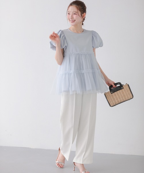 fitmore チュールレイヤードパフスリーブトップス　ペールブルー セール】チュールレイヤードパフスリーブトップス（その他