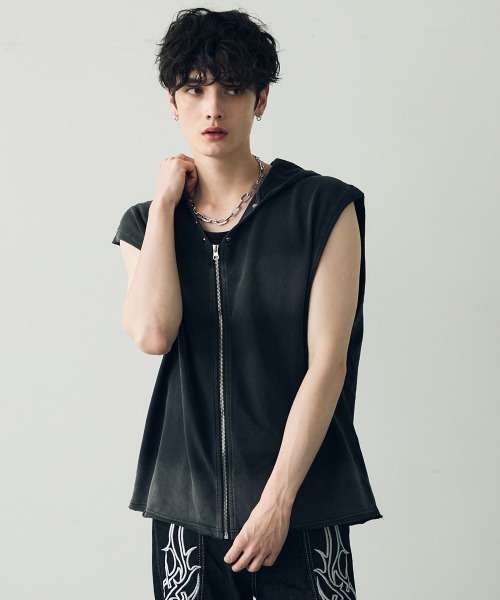 セール】Pigment dye sleeveless zip hoodie / ピグメントダイ