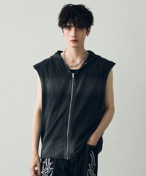 bernings sho ダメージ ダイダイ ノースリーブ パーカー 平成 Shoowtime パーカー Pigment dye sleeveless zip hoodie