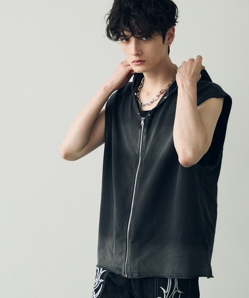 bernings sho ダメージ ダイダイ ノースリーブ パーカー 平成 セール】Pigment dye sleeveless zip hoodie / ピグメントダイ
