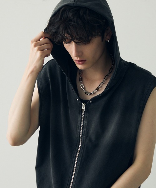 セール】Pigment dye sleeveless zip hoodie / ピグメントダイ