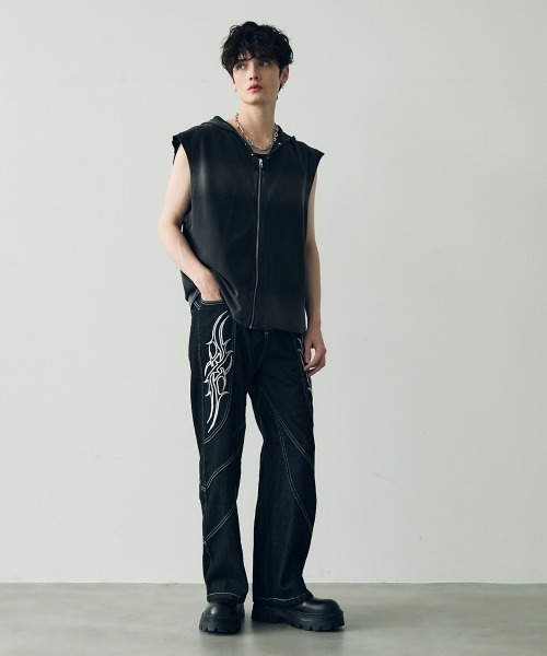セール】Pigment dye sleeveless zip hoodie / ピグメントダイ