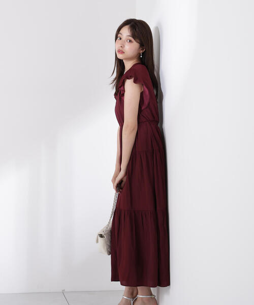 ちび襟後ろリボンギャザーワンピース長袖 チュールギャザーフレアロングワンピース「U1187」