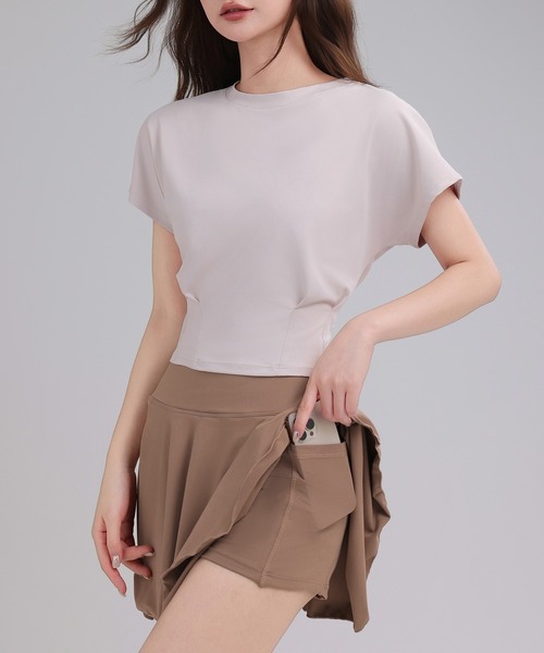 レディース 半袖ヨガウェアスポーツトップス+パンツ一体型フレア