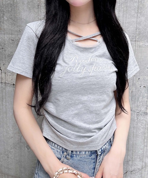 INGNI(イング)の「サイドギャザーレース付ロゴクロスTシャツ(Tシャツ/カットソー・レディース・ブラック×ホワイト/ピンク系7/グレー×ホワイト/ホワイト×ピンク・M)」の3枚目の写真