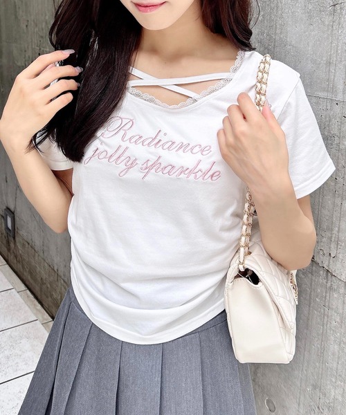 INGNI(イング)の「サイドギャザーレース付ロゴクロスTシャツ(Tシャツ/カットソー・レディース・ブラック×ホワイト/ピンク系7/グレー×ホワイト/ホワイト×ピンク・M)」の1枚目の写真
