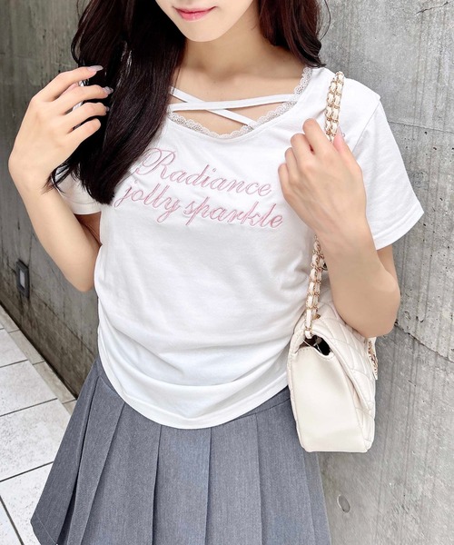 INGNI(イング)の「サイドギャザーレース付ロゴクロスTシャツ(Tシャツ/カットソー・レディース・ブラック×ホワイト/ピンク系7/グレー×ホワイト/ホワイト×ピンク・M)」の6枚目の写真