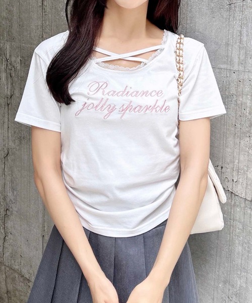 INGNI(イング)の「サイドギャザーレース付ロゴクロスTシャツ(Tシャツ/カットソー・レディース・ブラック×ホワイト/ピンク系7/グレー×ホワイト/ホワイト×ピンク・M)」の7枚目の写真