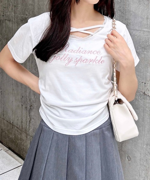 INGNI(イング)の「サイドギャザーレース付ロゴクロスTシャツ(Tシャツ/カットソー・レディース・ブラック×ホワイト/ピンク系7/グレー×ホワイト/ホワイト×ピンク・M)」の5枚目の写真