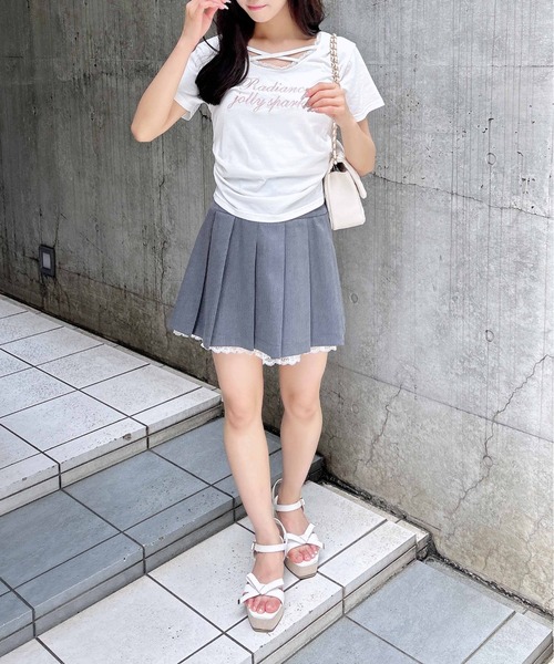INGNI(イング)の「サイドギャザーレース付ロゴクロスTシャツ(Tシャツ/カットソー・レディース・ブラック×ホワイト/ピンク系7/グレー×ホワイト/ホワイト×ピンク・M)」の11枚目の写真