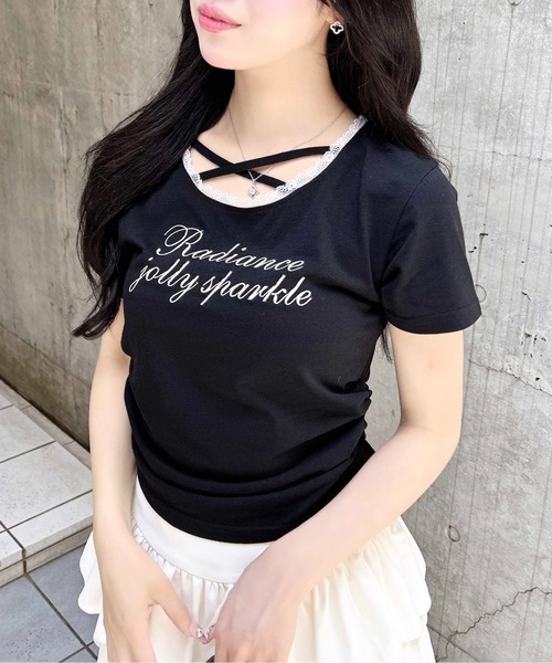 セール】サイドギャザーレース付ロゴクロスTシャツ（Tシャツ