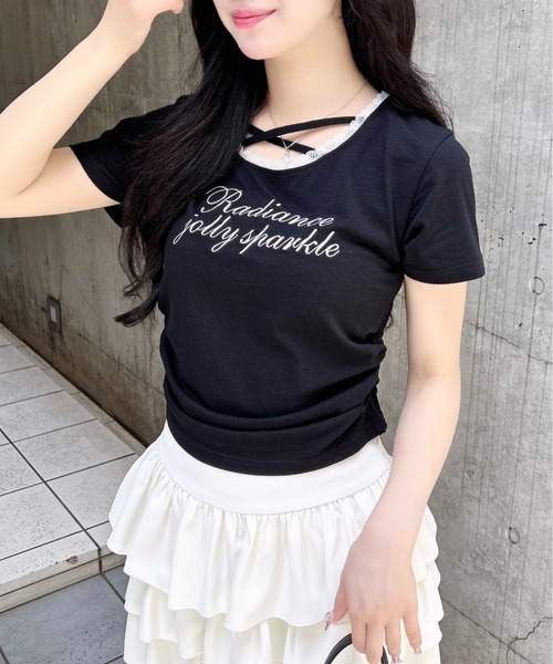 INGNI(イング)の「サイドギャザーレース付ロゴクロスTシャツ(Tシャツ/カットソー・レディース・ブラック×ホワイト/ピンク系7/グレー×ホワイト/ホワイト×ピンク・M)」の14枚目の写真