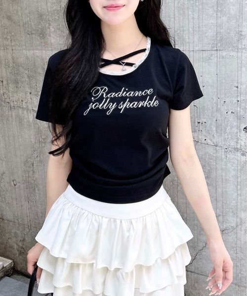 INGNI(イング)の「サイドギャザーレース付ロゴクロスTシャツ(Tシャツ/カットソー・レディース・ブラック×ホワイト/ピンク系7/グレー×ホワイト/ホワイト×ピンク・M)」の12枚目の写真