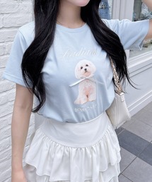 リボン付犬プリントTシャツ