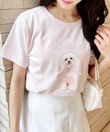 リボン付犬プリントTシャツ