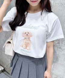 リボン付犬プリントTシャツ