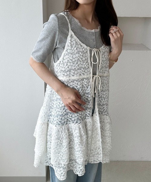 apres jour clair(アプレジュールクレア)の「【apres jour clair】レースフリルリボンキャミチュニック(チュニック・レディース・オフホワイト/ブラウン系その他・X-LARGE/フリー)」の2枚目の写真