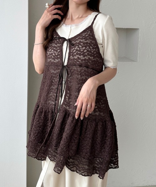 apres jour clair(アプレジュールクレア)の「【apres jour clair】レースフリルリボンキャミチュニック(チュニック・レディース・オフホワイト/ブラウン系その他・X-LARGE/フリー)」の4枚目の写真