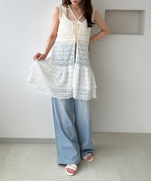 apres jour clair(アプレジュールクレア)の「【apres jour clair】レースフリルリボンキャミチュニック(チュニック・レディース・オフホワイト/ブラウン系その他・X-LARGE/フリー)」の14枚目の写真