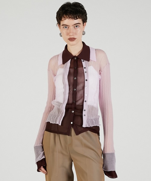 PRANK PROJECT（プランクプロジェクト）の「レイヤードシアーリブスリムニットシャツ / Layered Sheer Rib Slim Knit Shirt（ニット/セーター・レディース・アイボリー/ブラック/ピンク・FREE）」の3枚目の写真