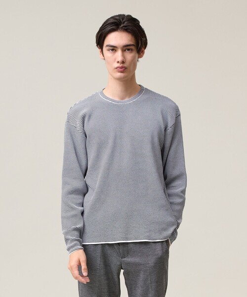 J.PRESS(ジェイプレス)の「【Tシャツ感覚で着られる新感覚ニット】ボーダーニット ロングスリーブTシャツ(ニット/セーター・メンズ・ネイビー系1/グリーン系1・LARGE/MEDIUM/X-LARGE)」の1枚目の写真