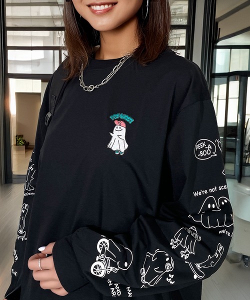 セール】着やすいストレッチ レトロ ポップ 黒ネコ お化け 刺繍 ロンT