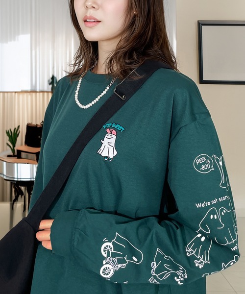 Candlestick（キャンドルスティック）の「着やすいストレッチ レトロ ポップ 黒ネコ お化け 刺繍 ロンT 韓国ファッション（Tシャツ/カットソー・レディース・ホワイト系/ブラック系/ホワイト系1/ブラック系1/グリーン系/ブルー系/グリーン系1/ブルー系1・M/L/LL）」の6枚目の写真