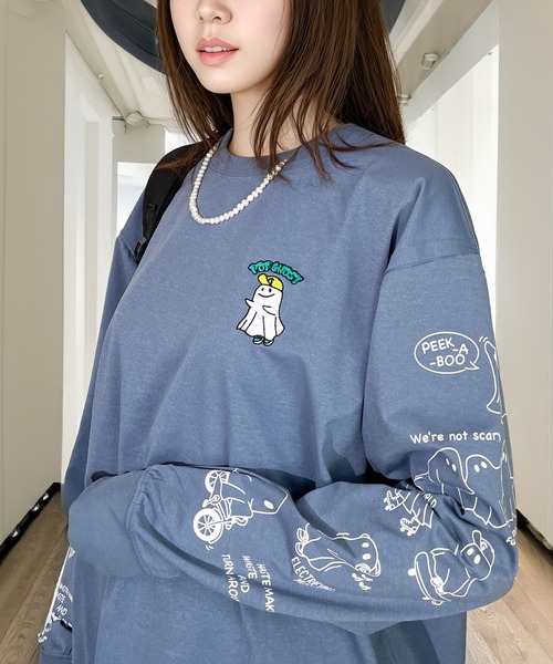 セール】着やすいストレッチ レトロ ポップ 黒ネコ お化け 刺繍 ロンT
