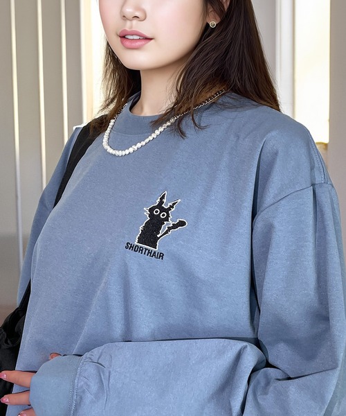 セール】着やすいストレッチ レトロ ポップ 黒ネコ お化け 刺繍 ロンT