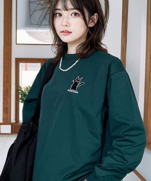 Candlestick（キャンドルスティック）の「着やすいストレッチ レトロ ポップ 黒ネコ お化け 刺繍 ロンT 韓国ファッション（Tシャツ/カットソー・レディース・ホワイト系/ブラック系/ホワイト系1/ブラック系1/グリーン系/ブルー系/グリーン系1/ブルー系1・M/L/LL）」の14枚目の写真