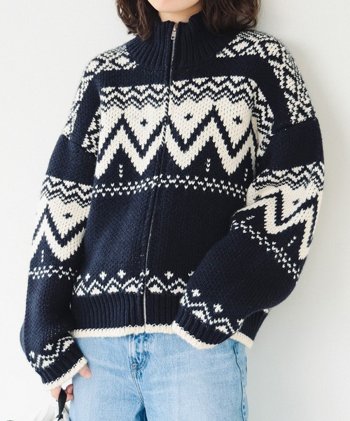 B:MING by BEAMS（ビーミングバイビームス）の「柄 ニット ブルゾン（ニット/セーター・レディース・ホワイト系その他5/ネイビー・ONE SIZE）」の2枚目の写真