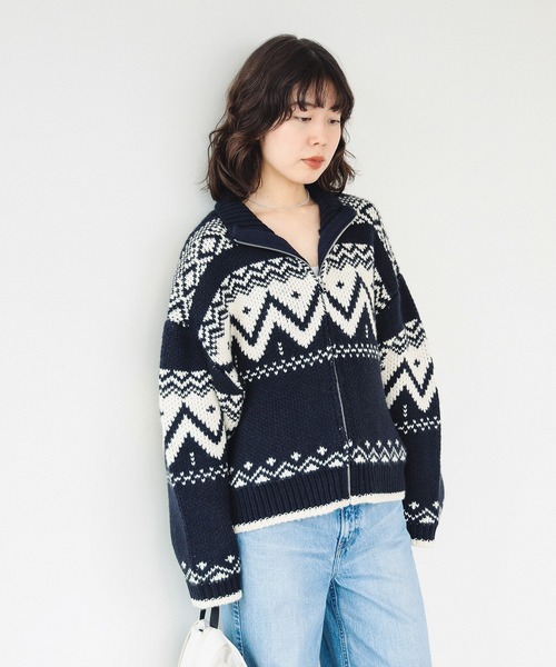 B:MING by BEAMS（ビーミングバイビームス）の「柄 ニット ブルゾン（ニット/セーター・レディース・ホワイト系その他5/ネイビー・ONE SIZE）」の5枚目の写真