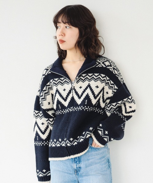 B:MING by BEAMS（ビーミングバイビームス）の「柄 ニット ブルゾン（ニット/セーター・レディース・ホワイト系その他5/ネイビー・ONE SIZE）」の6枚目の写真