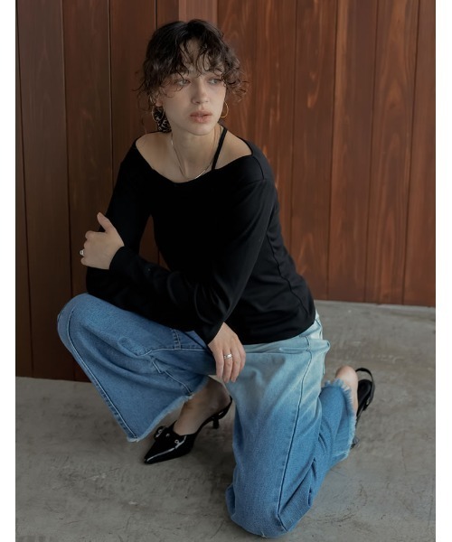 Re:EDIT（リエディ）の「[2025AW COLLECTION][汗じみ防止][UVカット]リブカットソーアシンメトリーネックデザイントップス（Tシャツ/カットソー・レディース・ブラック/チャコールグレー/ホワイト/ブラウン・MEDIUM/LARGE）」の8枚目の写真