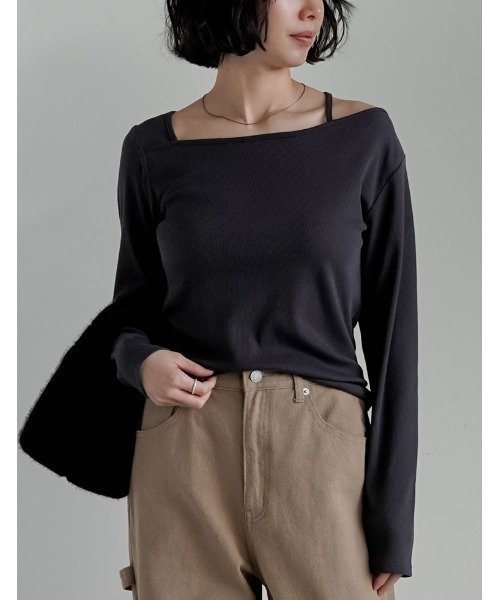 Re:EDIT（リエディ）の「[2025AW COLLECTION][汗じみ防止][UVカット]リブカットソーアシンメトリーネックデザイントップス（Tシャツ/カットソー・レディース・ブラック/チャコールグレー/ホワイト/ブラウン・MEDIUM/LARGE）」の18枚目の写真